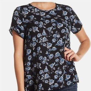 DR2 Daniel Rainn Womens Floral Black Blue Top Large Relaxed Fit Casual Loose